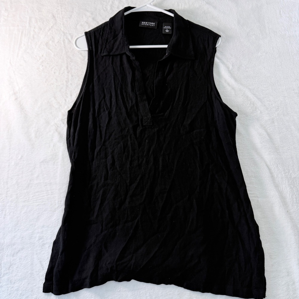 Black Sleeveless Blouse Womens Medium Collared V Neck Workwear Minimalist